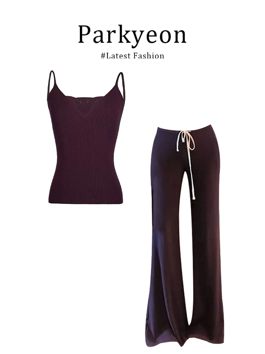 

Sexy Slim Fit Camisole Tank Top with Drawstring High Waist Pants Two Piece Set Pure Desire Style Short Sleeve round Neck