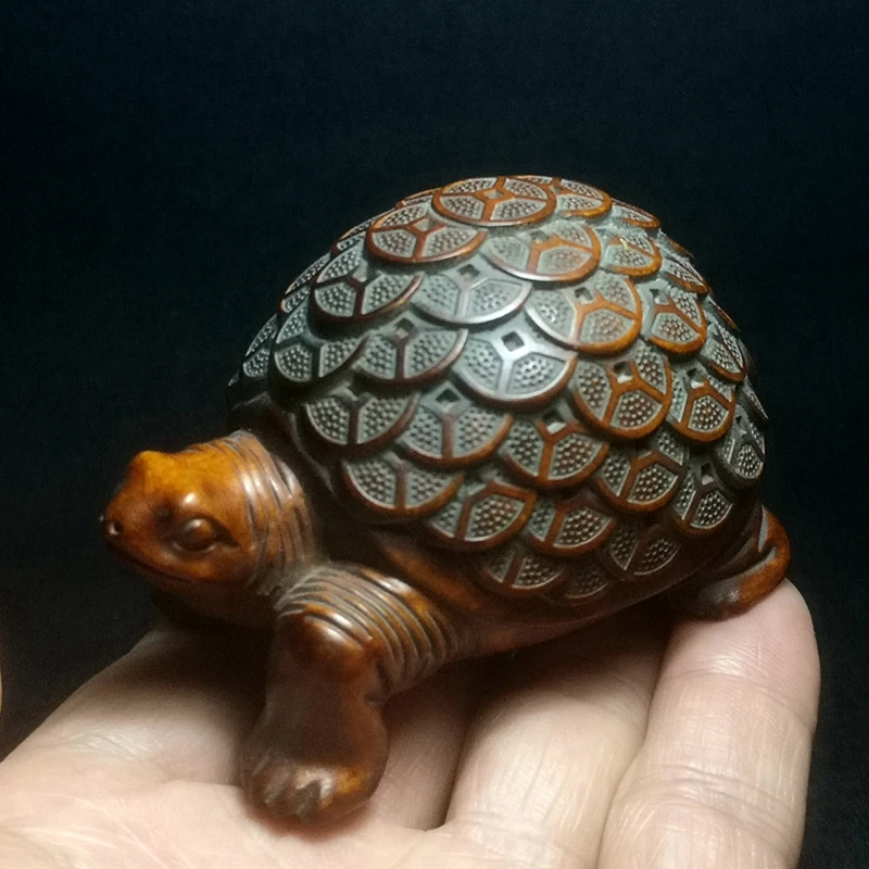 

YIZHU CULTUER ART Size 3 Inch Chinese Hand Carved Boxwood Wood Coin Turtle Figure Statue Decoration Netsuke old collectable