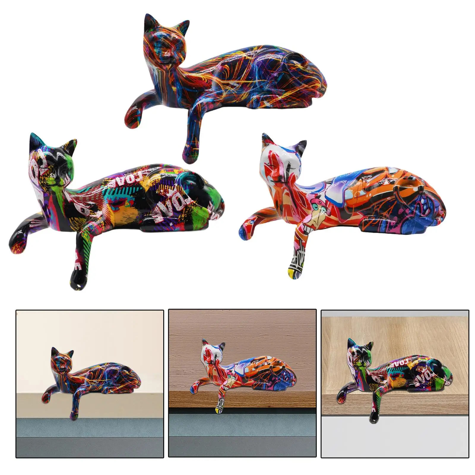 Graffiti Sleeping Cat Statue Table Ornament for TV Cabinets Multifunctional