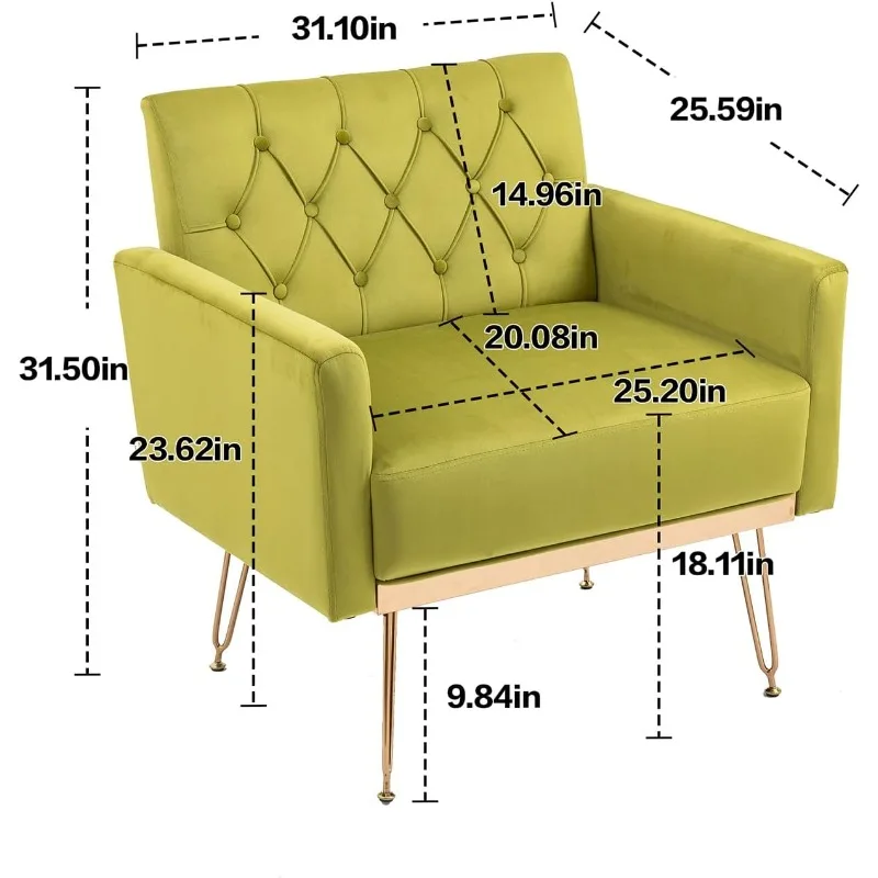 Современный оливково-зеленый акцентный стул, бархатное кресло с обивкой и золотыми металлическими ножками, удобный тафтинговый одноместный диван-стул с подлокотниками