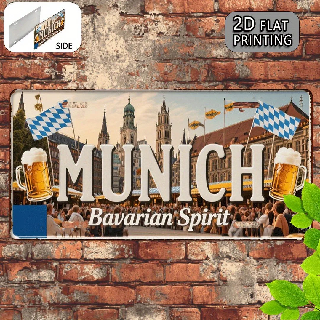 Munich Germany Bavarian Spirit Beer Festival Themed Aluminum Metal Sign 2D Flat Printing Distressed License Plate Style Wall Dec