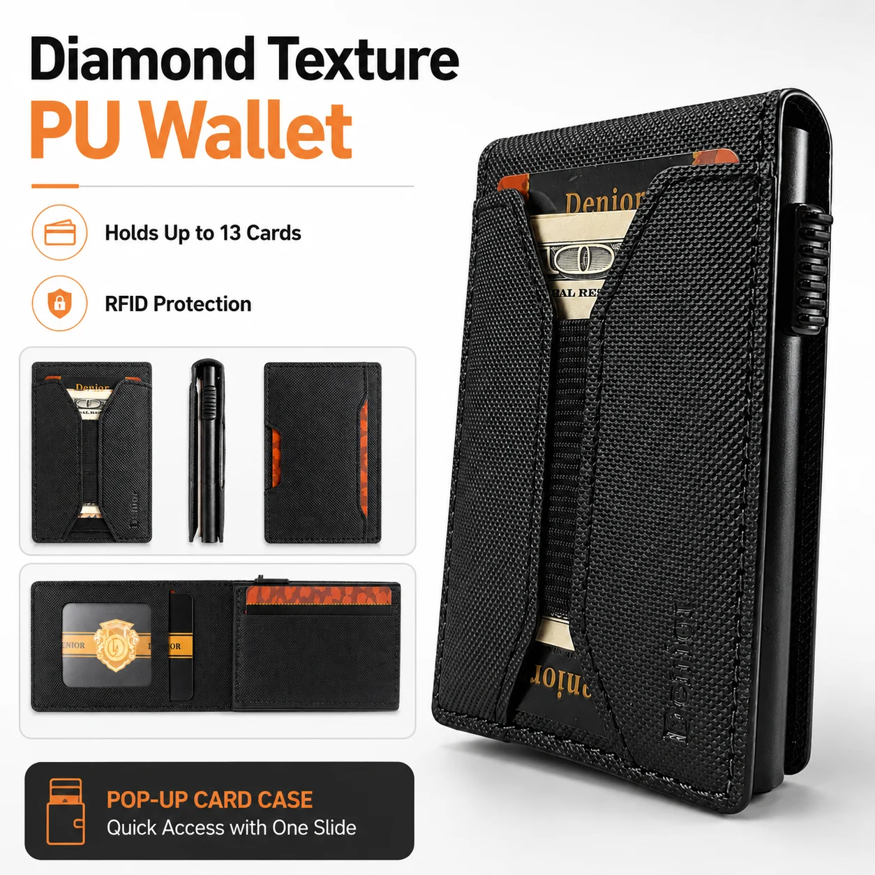 

Denior PU Leather Diamond Texture Card Holder For Men RFID Pop Up Wallet With Slim Structure Quick Access And Daily Carry Use