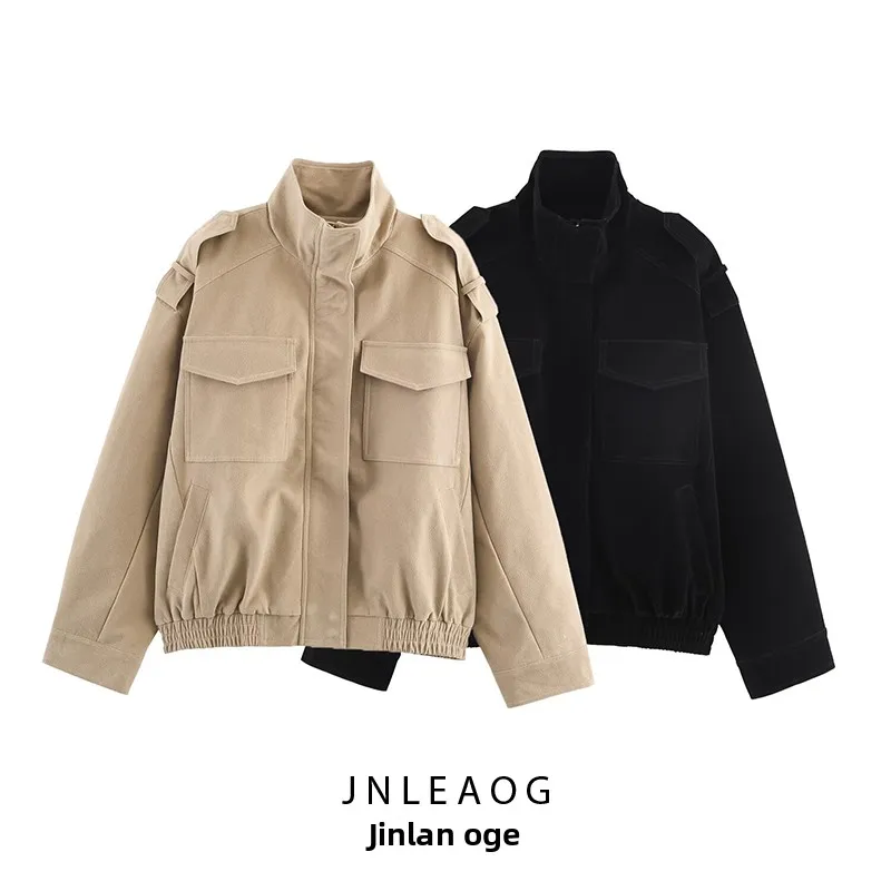 JNLEAOG 秋の新作レディースフェイクレザー Jaet ベルベットテクスチャカジュアル Sle ロング Sve ジッパー開閉スタンドカラーコート