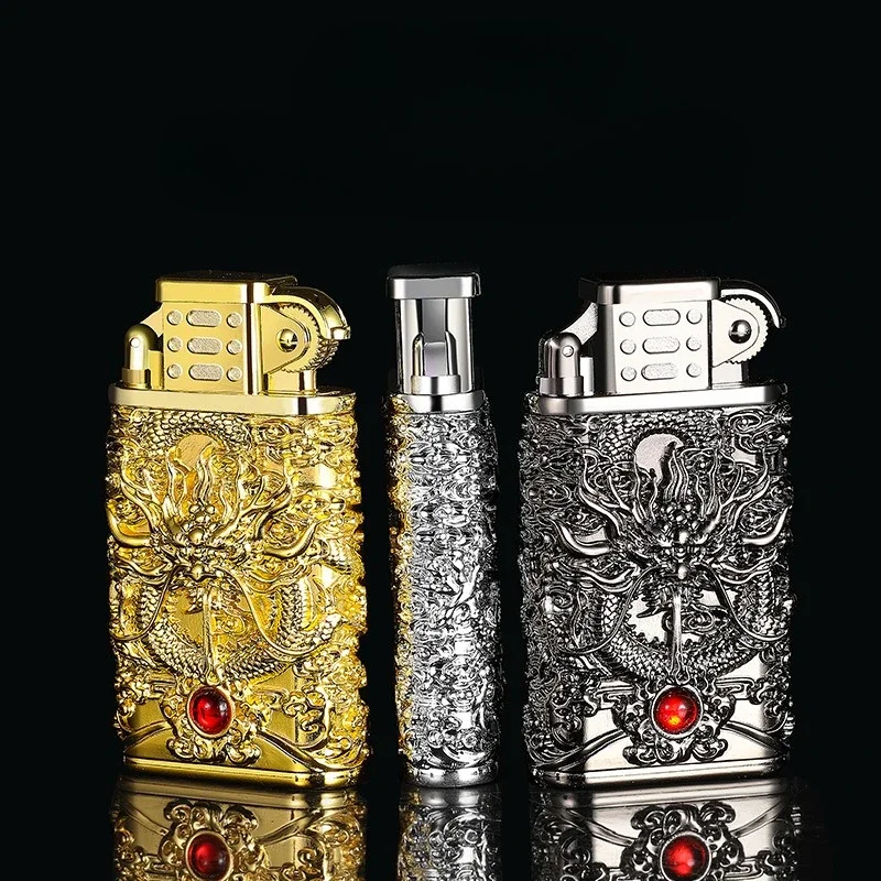 Relief Dragon Pattern Retro Metal Inflatable Windproof Lighter High-quality Gift Lighter Domineering Appearance Smoking Tool