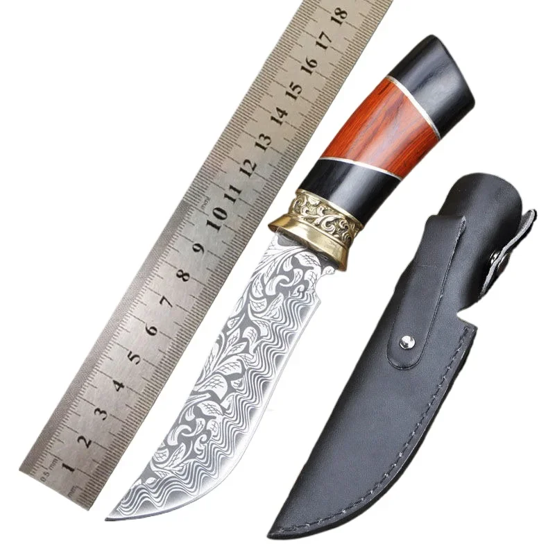 

Stainless Steel Damascus Steel Pattern Fixed Blade Knife Wooden + Brass Handle Hunting Tool Outdoor Camping Knifes for Men