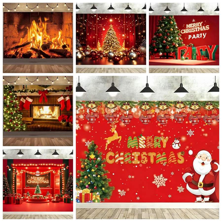 

Red Christmas Decoration Background Banner Glowing Christmas Tree Fireplace Santa Claus Family Holiday Party Decoration Props