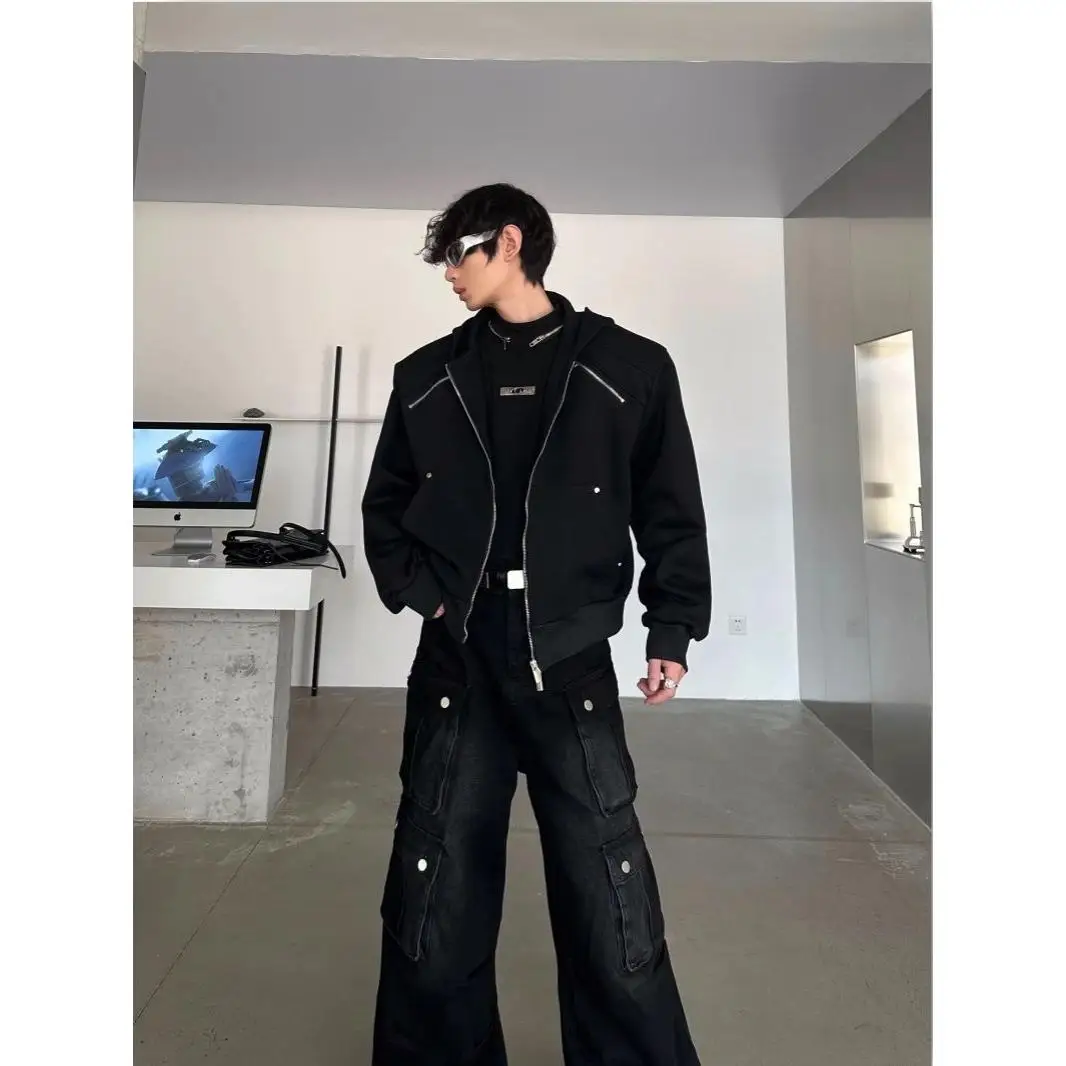 

Zipper Design Early Spring Short Coat Hoodie Shoulder Pad Pure Color Versatile Hooded Open Cardigan Sweatshirt for Men