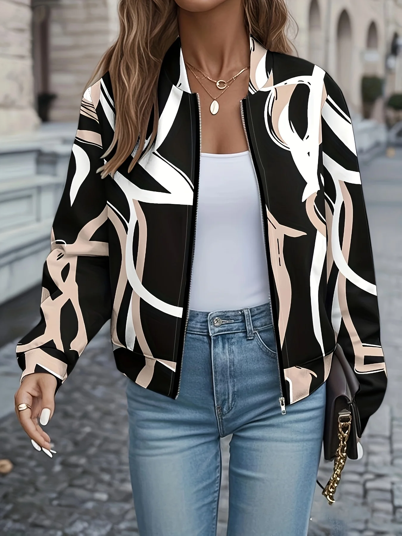 

Women's Chic Stand Collar Blazer, Black Beige White Colors, Versatile Office Wear, Machine Washable Outerwear jackets coats