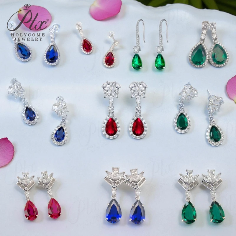 

Lab Grown Gemstone Earrings with Main 3.4-5.9CT Pear Ruby Sapphire Colombia Side Moisanite S925 Multiple Styles Ear Studs Party
