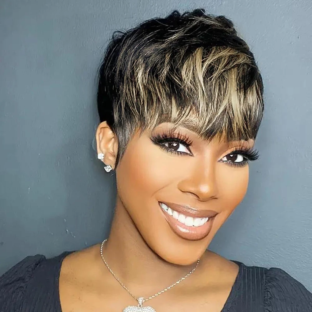 باروكات شعر طبيعي مفرود، شعر مستعار بقص عابث، أشقر، تسليط الضوء على شعر مستعار قصير الطبقات مع غرة تم قطعه مسبقًا للنساء ذوات البشرة السمراء، مصنوع آليًا