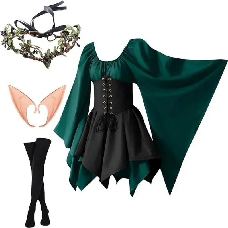 

Halloween Cosplay Palace Victoria Medieval Vintage Fairy Elf Costume For Women Princess Bandage Christmas Ptachwork Party Dress