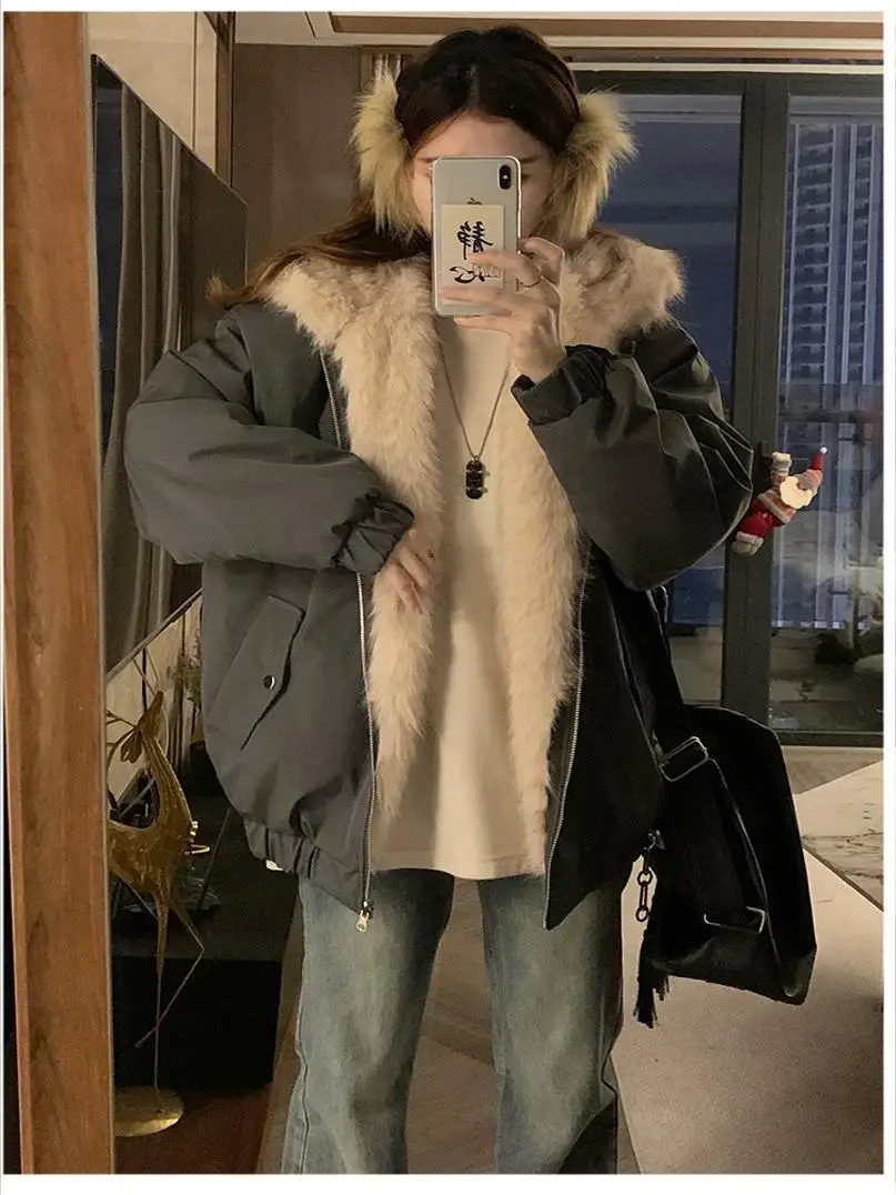 เสื้อแจ็คเก็ตหนังแท้สไตล์อเมริกันย้อนยุคแบบสองด้าน บุขนนกอินทรี สำหรับผู้หญิง ฤดูหนาว  ผ้าฝ้ายขนสัตว์  ปกปิดหน้า  รักษาสิ่งแวดล้อม