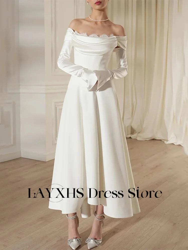LAYXHS فساتين زفاف أنيقة قابلة للانفصال قبالة الكتف دانتيل طول الكاحل مطوي زي العرائس مخصص رداء دي سواريه
