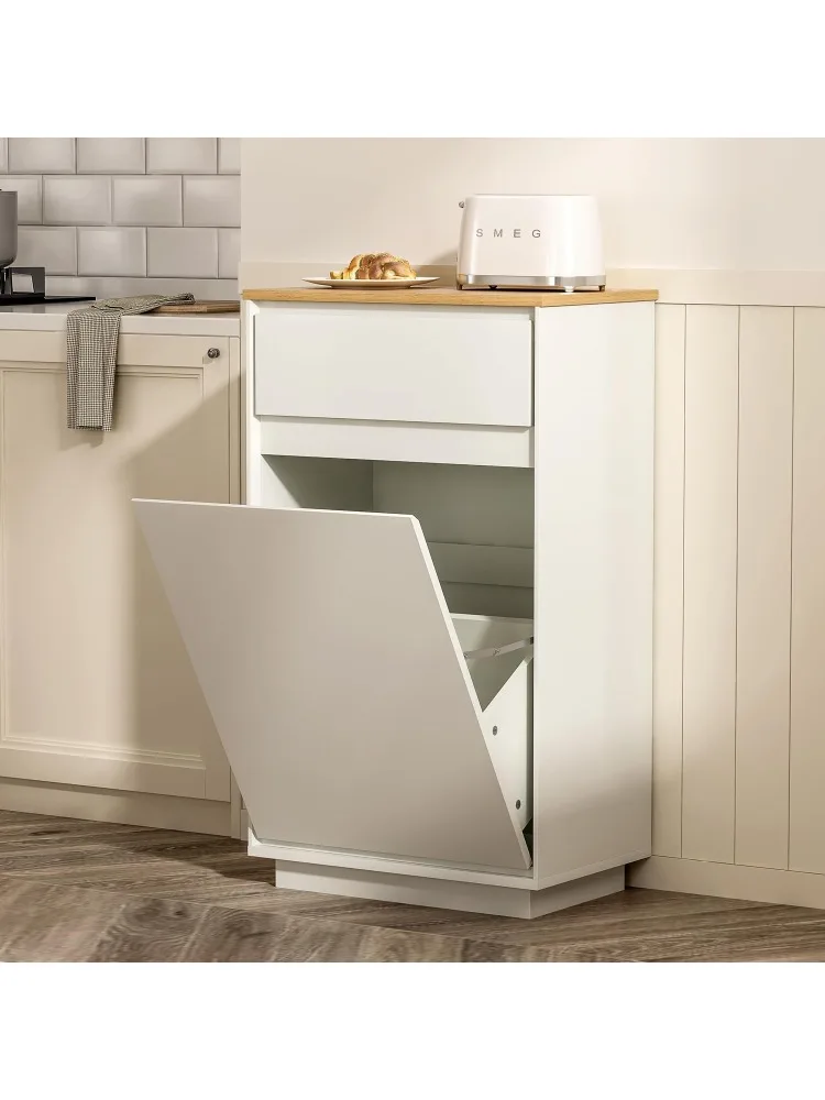 

10 Gallon Tilt Out Trash Can Cabinet, Wooden Laundry Hamper Cabinet Recycling Cabinet with Drawer Pet Proof Garbage Can Holder f