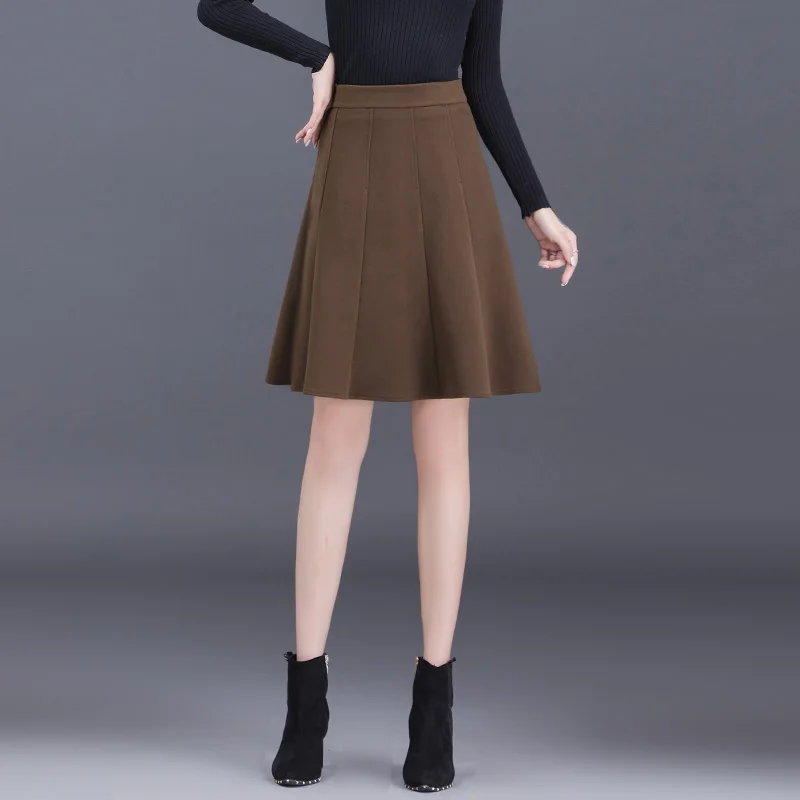 

Юбка А-силуэта с высокой талией женская, осенне-зимняя, новая, стройнящая, универсальная, шерстяная, расклешенная, скрывающая бедра, с широким подолом