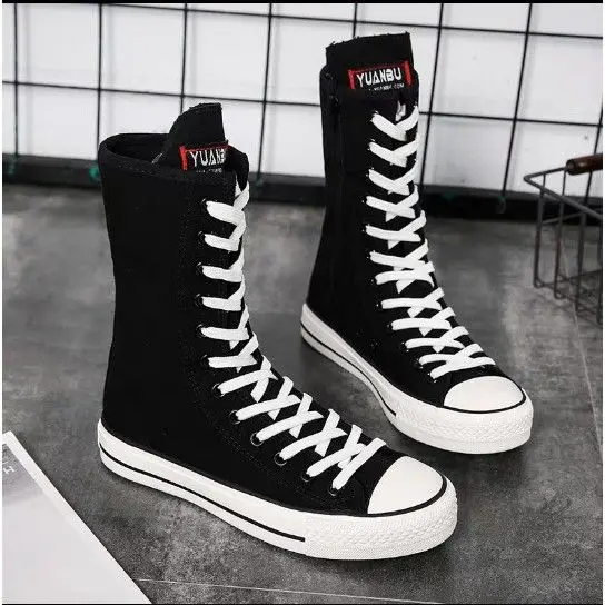 Women Shoes Canvas Casual High Top Shoes Long Boots Lace-Up Zipper Comfortable Flat Boots Sneakers Tenis De Mujer