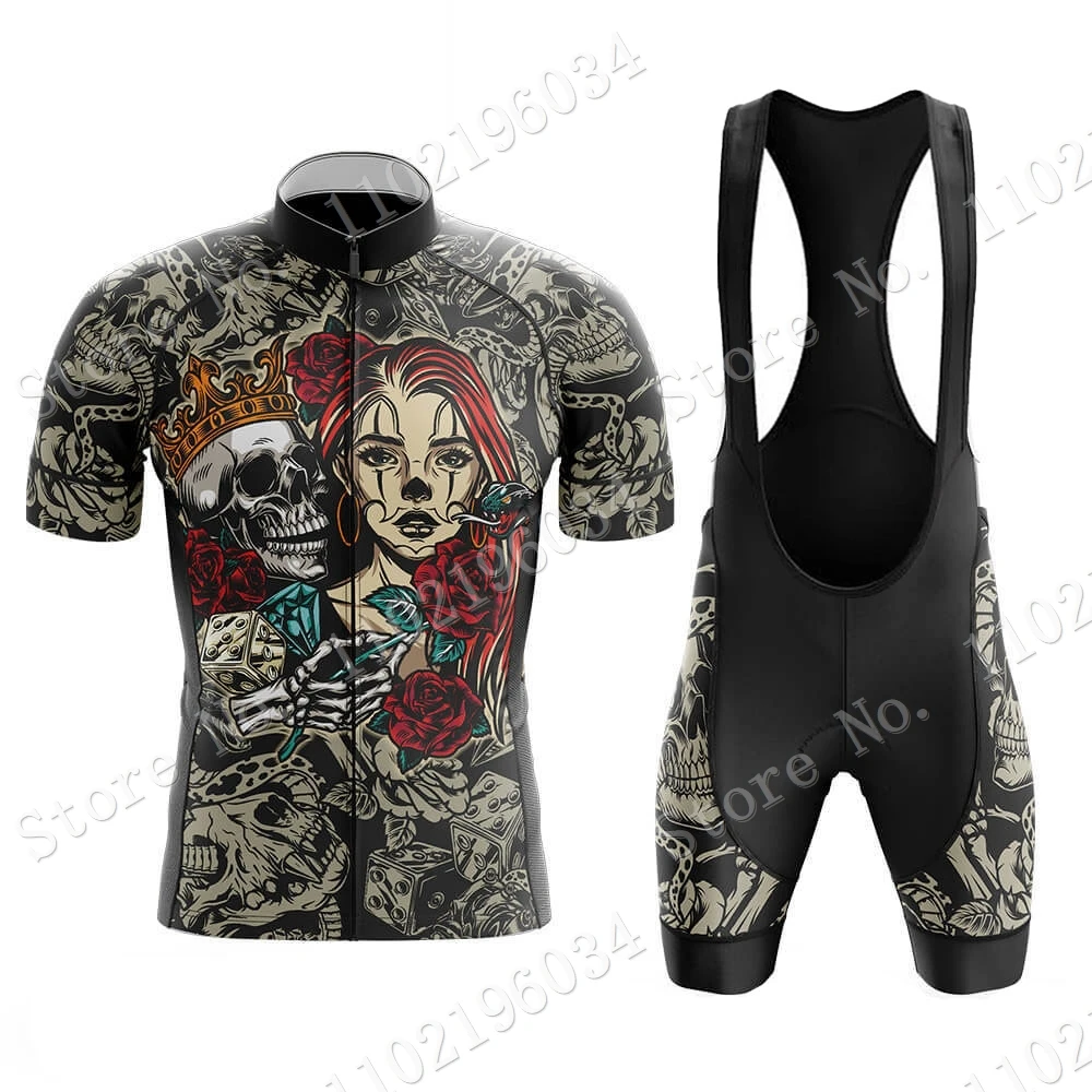 

Chicano-Tattoo-Pattern 2023 Cycling Jersey Set Summer Skull Clothing Mens Cycling Short Sleeve Road Race Bike Shirts Suit MTB