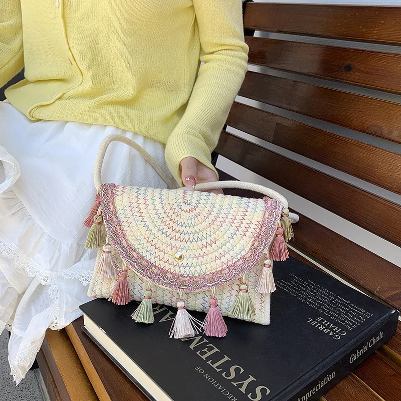

Multi Colored Tassel Woven Bag Fashionable Casual Texture Hand-held Bag Travel Seaside Crossbody Bag Women's Small Square Bag