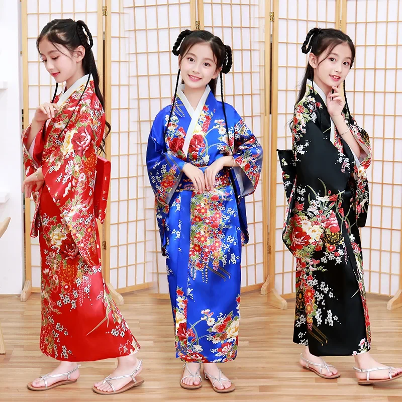 

Classic Traditional Girls Kimono Gown Yukata with Obitage Japanese Bathrobe Print Flower Satin Cosplay Performance Clothing