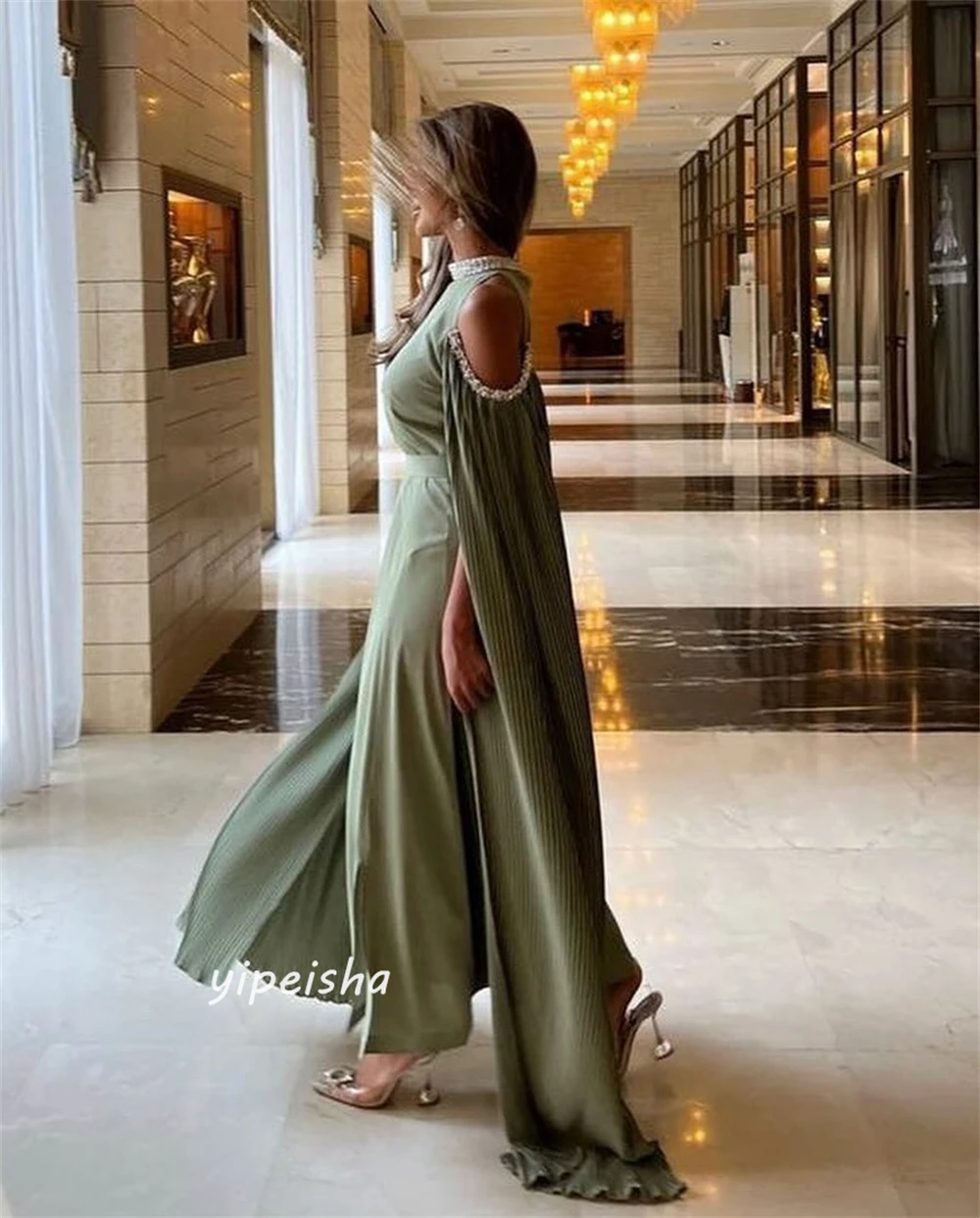 Jiayigong Jiayigong  Prom Satin Beading Graduation A-line High Collar Bespoke Occasion Gown Midi Dresses