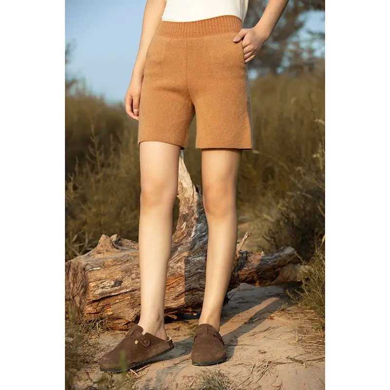 여성용 100% 울 니트 반바지, 하이웨이스트 루즈핏 와이드 레그 캐시미어룩 따뜻한 겨울 바지, 포켓 캐주얼 스타일