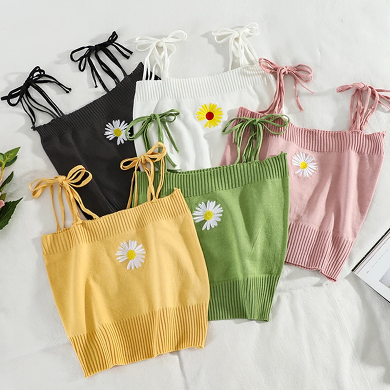 Embroidered Daisy Cami Tops Tie Strap Knit Camisole Women Teengirl Crop Tops 2024 Summer Cute Fairycore Aesthetic Outfit