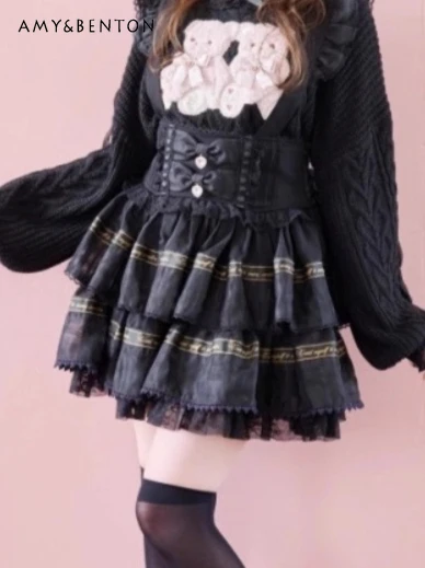 

Rojita Japanese Style Sweet Princess Dress Lolita Cute Bowknot Ruffle High Waist Multi-layer Mini Strap Skirt A-line Skirts