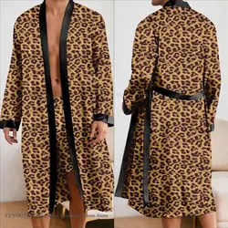 Leopard Men's Robe 2Pcs Pajamas Set Spring Autumn Print Kimono Bathrobe Gown Trouser Suits Casual Satin Homewear Loungewear