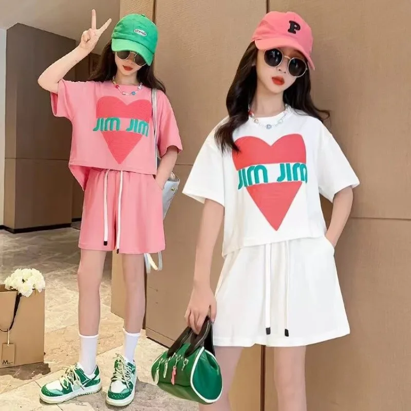 Summer Teenage Girls Clothes Set Children Girl Lapel Letter Tshirts and Shorts 2 Pieces Suit Kid Top Bottom Outfits Tracksuits