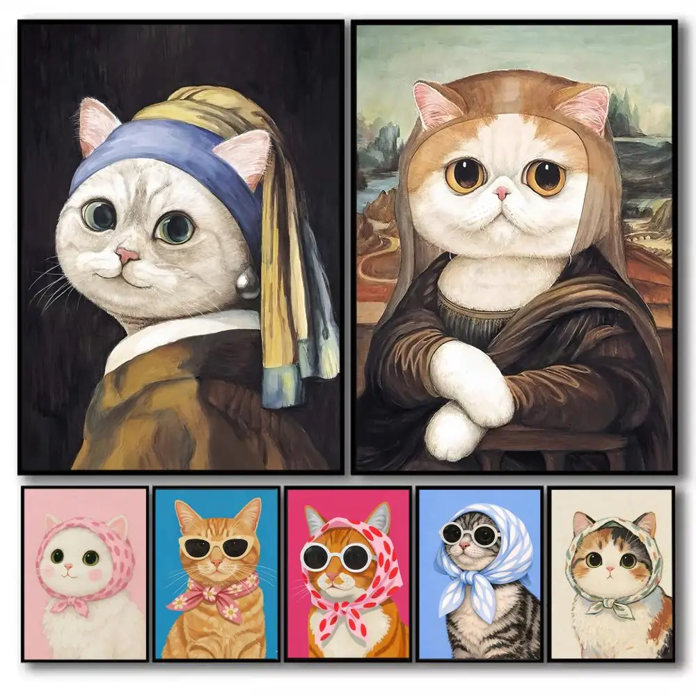 Art Cat Cute Poster Self Adhesive Wall Stickers Removable Room Decor Aesthetic Space Decor Murals Gift