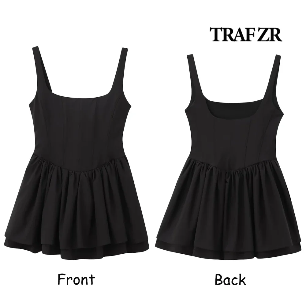 TRAF ZR Elegant Fashion Summer A-line Dress with Straps Vintage Mini Camis Dresses Women's Pleated Sundress Vestido Feminino