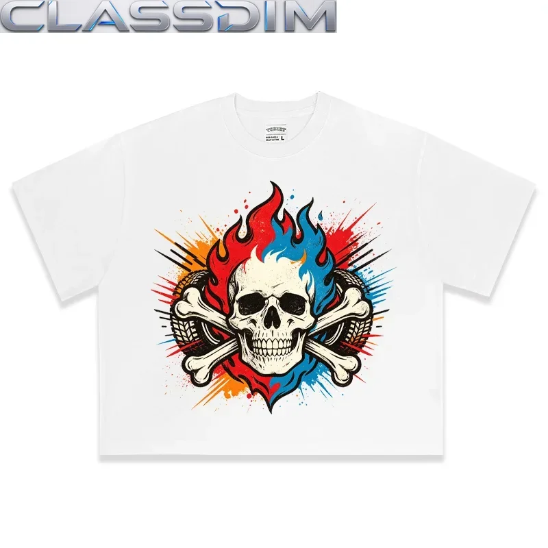 Oversized Flame Skull Crossbones Biker Graphic T-shirt DTG Print Unisex Vintage Rock Streetwear Casual Short Sleeve Tee Top