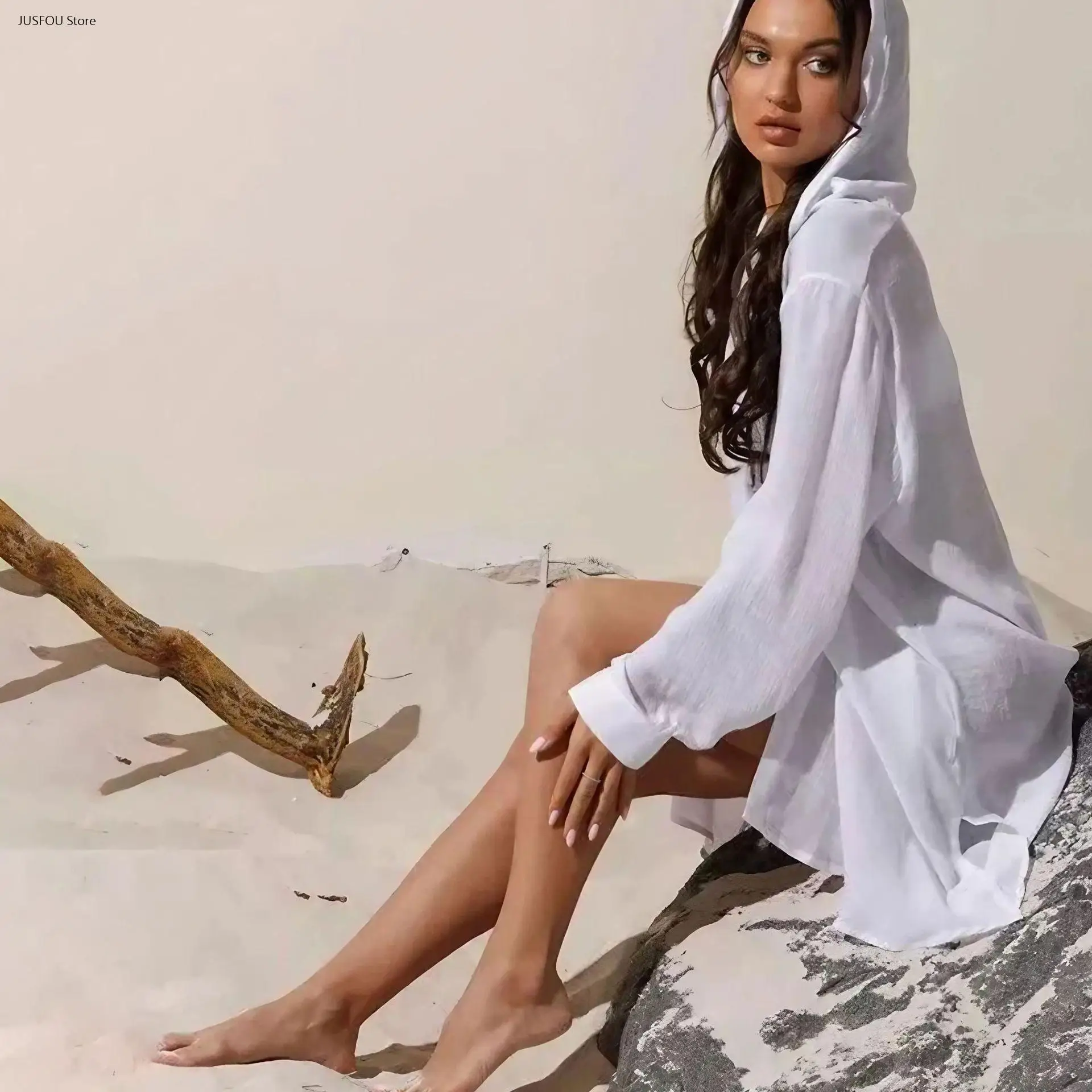 Women Solid Color Hooded Open Front Cardigan Shirt Style Beach Cover Up Casual Vacation Seaside Bikini Outerwear