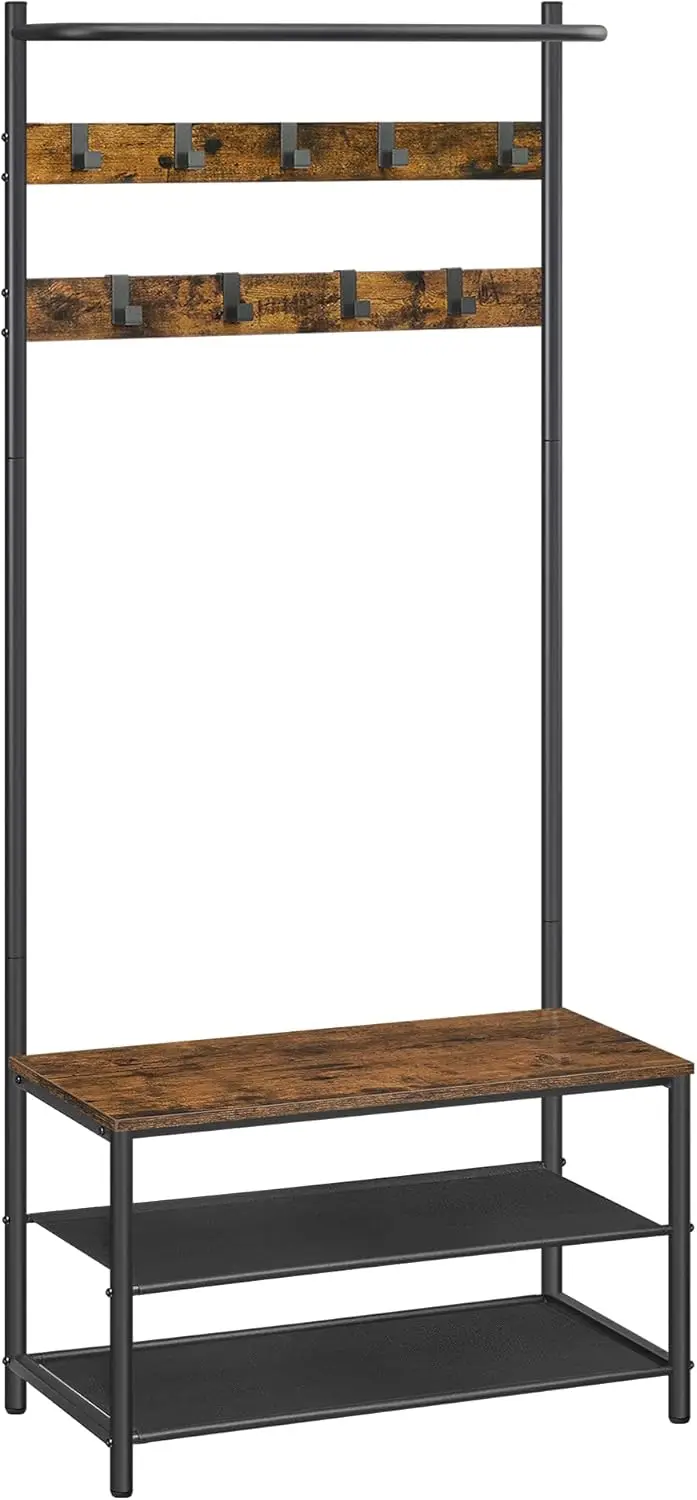 

Industrial Entryway Bench with Coat Rack, Shoe Storage, and 9 Hooks - Rustic Brown & Black