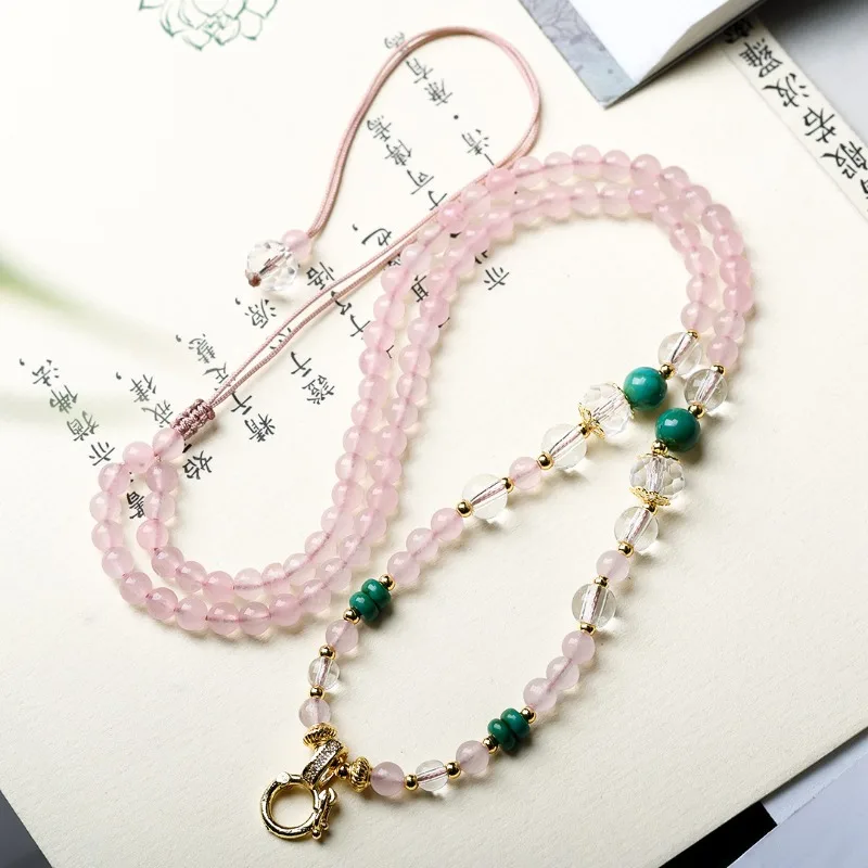 New Chinese Style Pink Agate Chalcedony Beaded Versatile Necklace Cord for Women Summer Clavicle Chain Jewelry Gifts