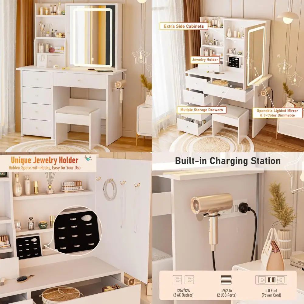 Scrivania per trucco illuminata a LED con presa di corrente, sgabello e deposito gioielli, scrivania bianca per trucco