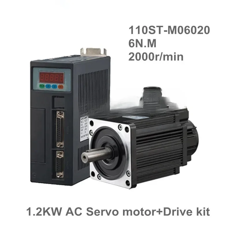 

110ST-M06020 220V 1200W AC Servo motor 1.2KW 2000RPM 6N.M. servomotor Single-Phase ac drive permanent magnet Matched Driver