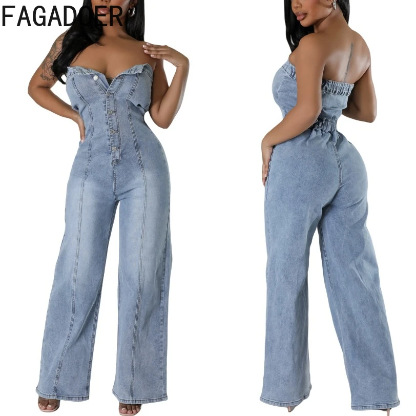 

FAGADOER Fashion Denim Straight Tube Jumpsuits Women Sleeveless Backless Button Wide Leg Jeans Playsuits Casual Female Overalls