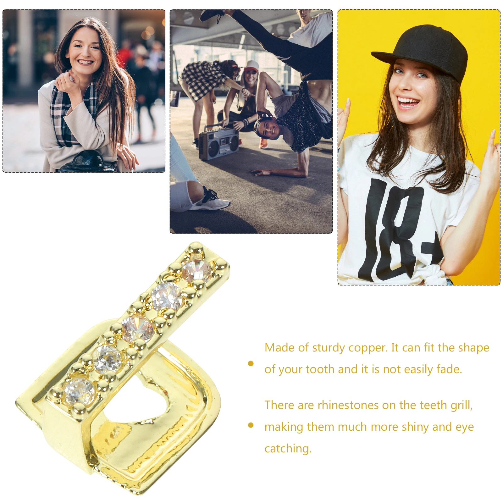 

Diamond-inlaid Gold Teeth Props Fake Grill Cosplay Tooth Grills For Rappers Hip-hop Supplies Single