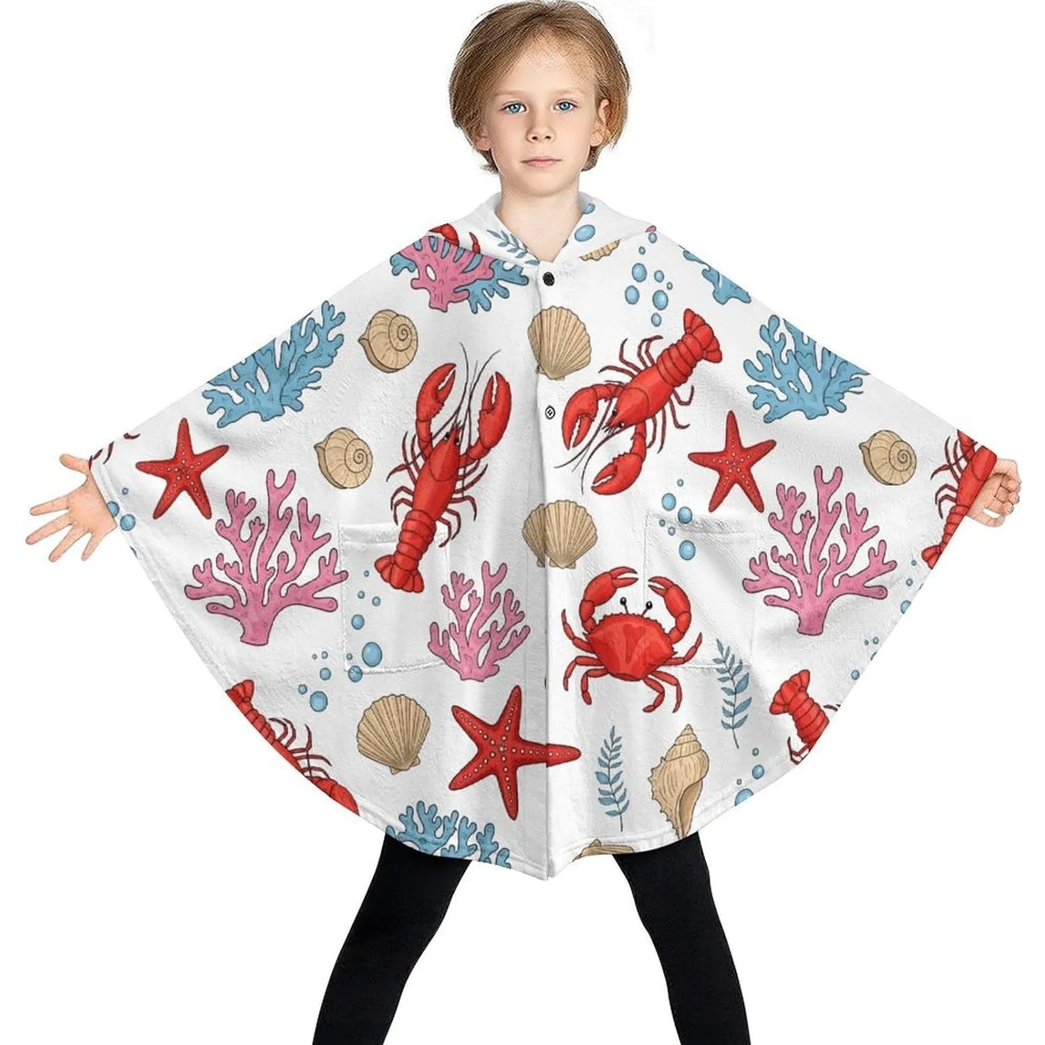 سترة بطانية مريحة من الفلانيل، سترة كبيرة الحجم بنمط الحياة البحرية مع جيوب للأطفال والمراهقين #3