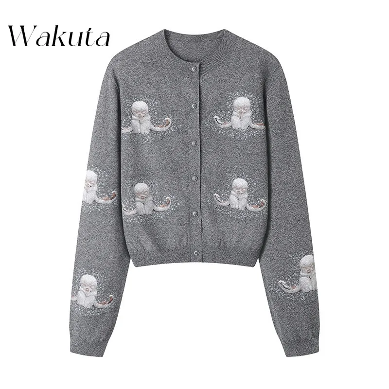 WAKUTA Retro Fall O Neck Long Sleeve Printed Jumpers Sweet Slim Slim Knitwear Chic Commuter Cardigan Blusão De Lã Feminino Tricô