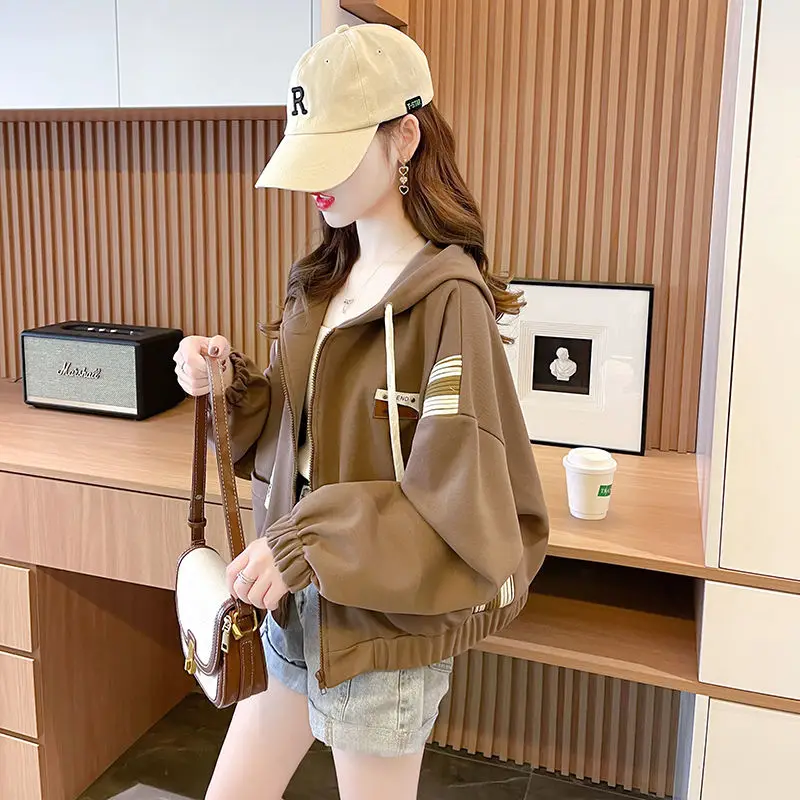 Novo Jaqueta curta com capuz feminino com zíper cardigan versátil topo na moda