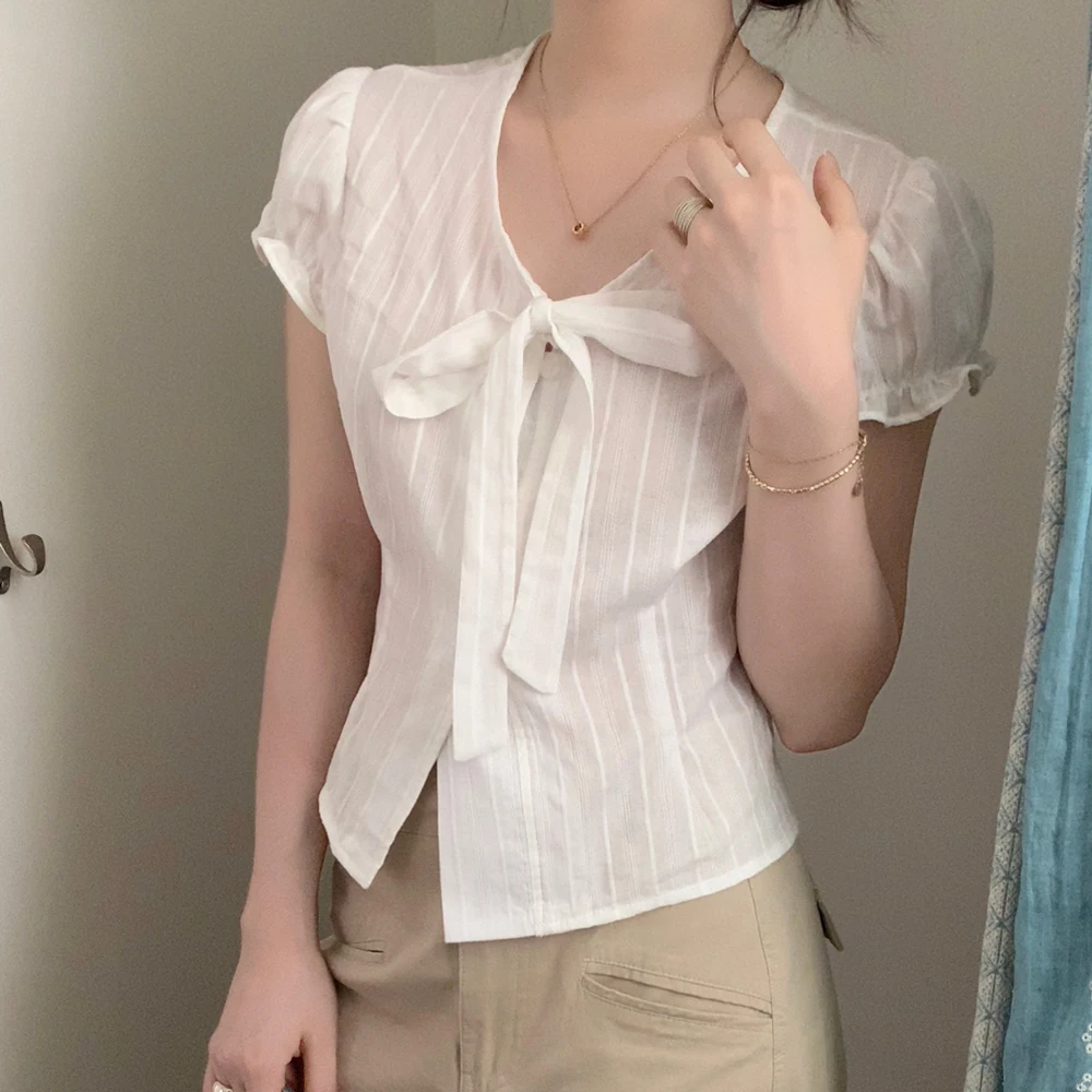 

2Colors SML Summer 2025 Korean Style V Neck Puff Short Sleeve Shirt Slim Waist Blouse Female Outwear tops (XY3849)