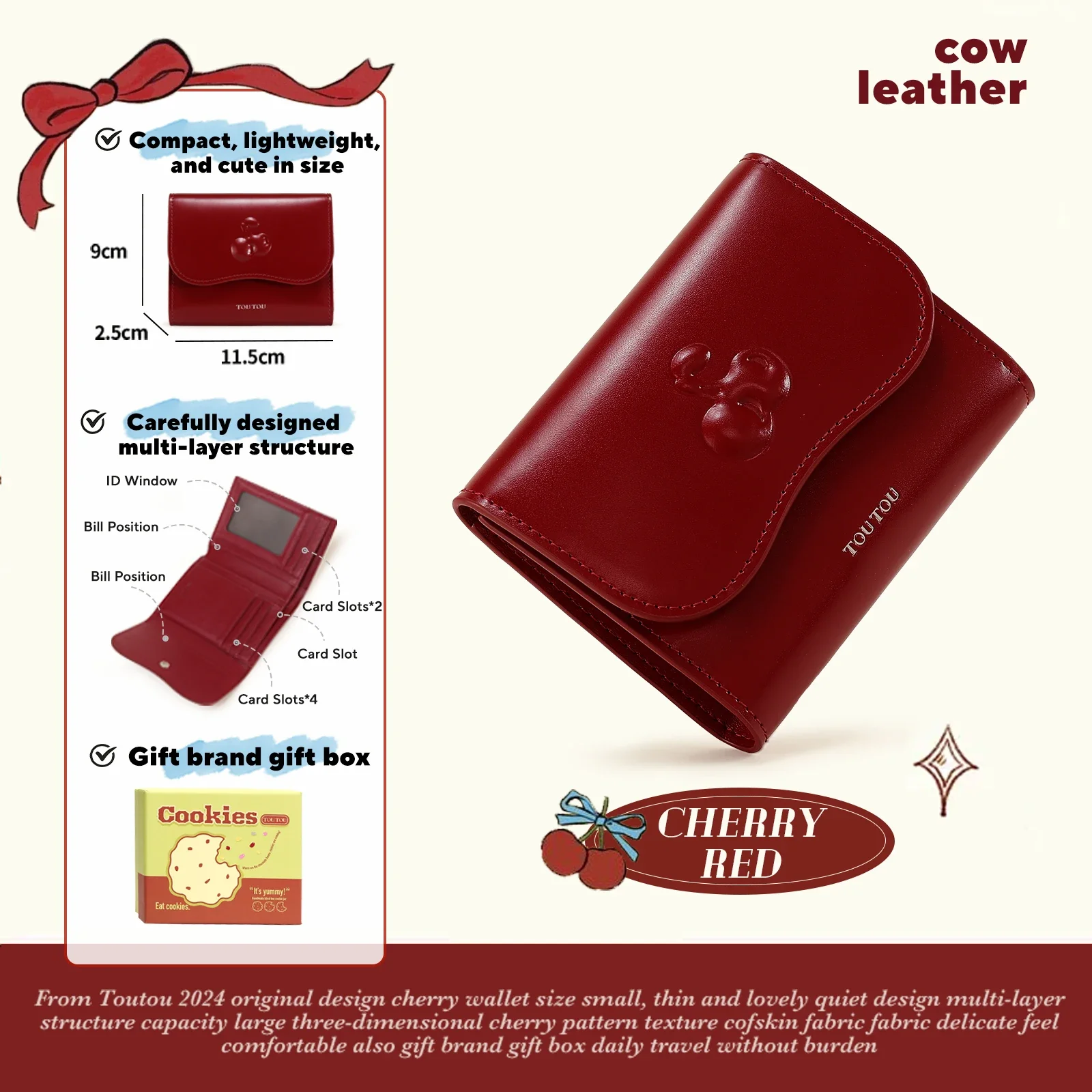 

TOUTOU Cherry Leather Wallet for Women Cowhide Red Card Bag Short Cute Clutch Purse Girl Valentine Day Back To School Girl Gift