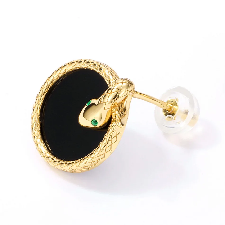 ALLNOEL 100% 925 Sterling Snake Silver Stud Earrings For Women Black Agate Green Eyes Animal Chic Fine Jewelry Gifts Wholesale