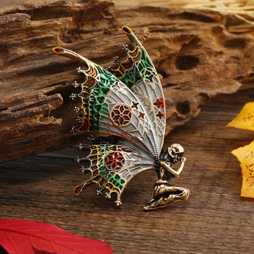 Chinese Style Auspicious Lucky Praying Angel Enamel Brooch Alloy Butterfly Wing Brooch For Women Coat Shawl Scarf Jewelry Gift