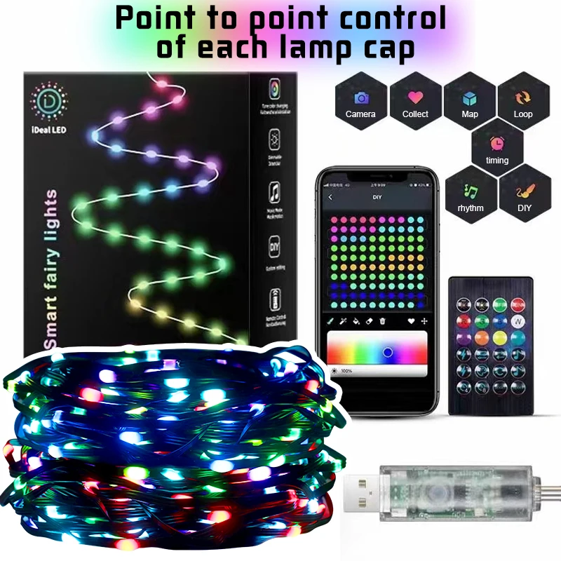 5/10/20M Smart App LED String Lights RGB IC Waterproof Fairy Lights Copper Silver Wire Garland Light For Christmas Decor 2024