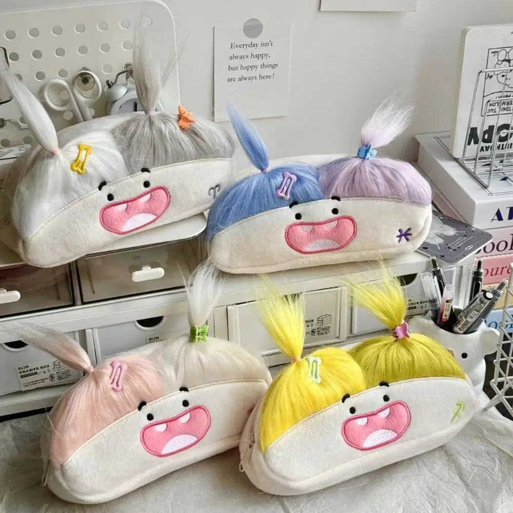 DIY Fluffy Hair Afro-Hair Doll Pen Bag Zipper Kawaii Pencil Case Holder Large Capacity Funny Soft Plush Pen Bag Schools Supplies