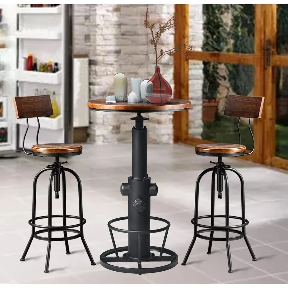 3-Piece Bar Height Table & Stools Sets for Cocktail Bistro Home Pub Party,Weld Metal Legs Round Wood Top,Rustic Brown Industrial