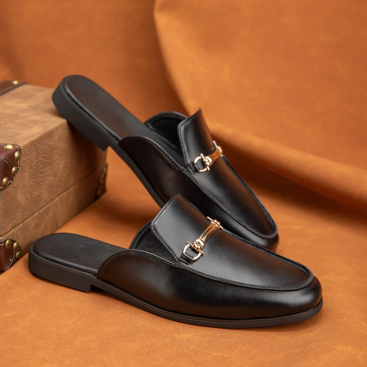 

Mens Summer Backless Leather Loafers Half Slippers Breathable Open Back Casual Mules Driving Shoes Black Brown Gift